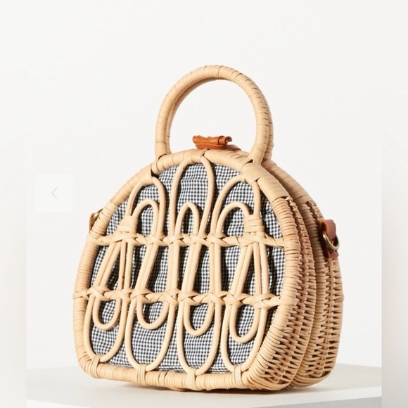 Anthropologie Handbags - Anthropologie | NWOT Mini Rattan Suitcase Satchel Purse Basket Bag Blue Gingham